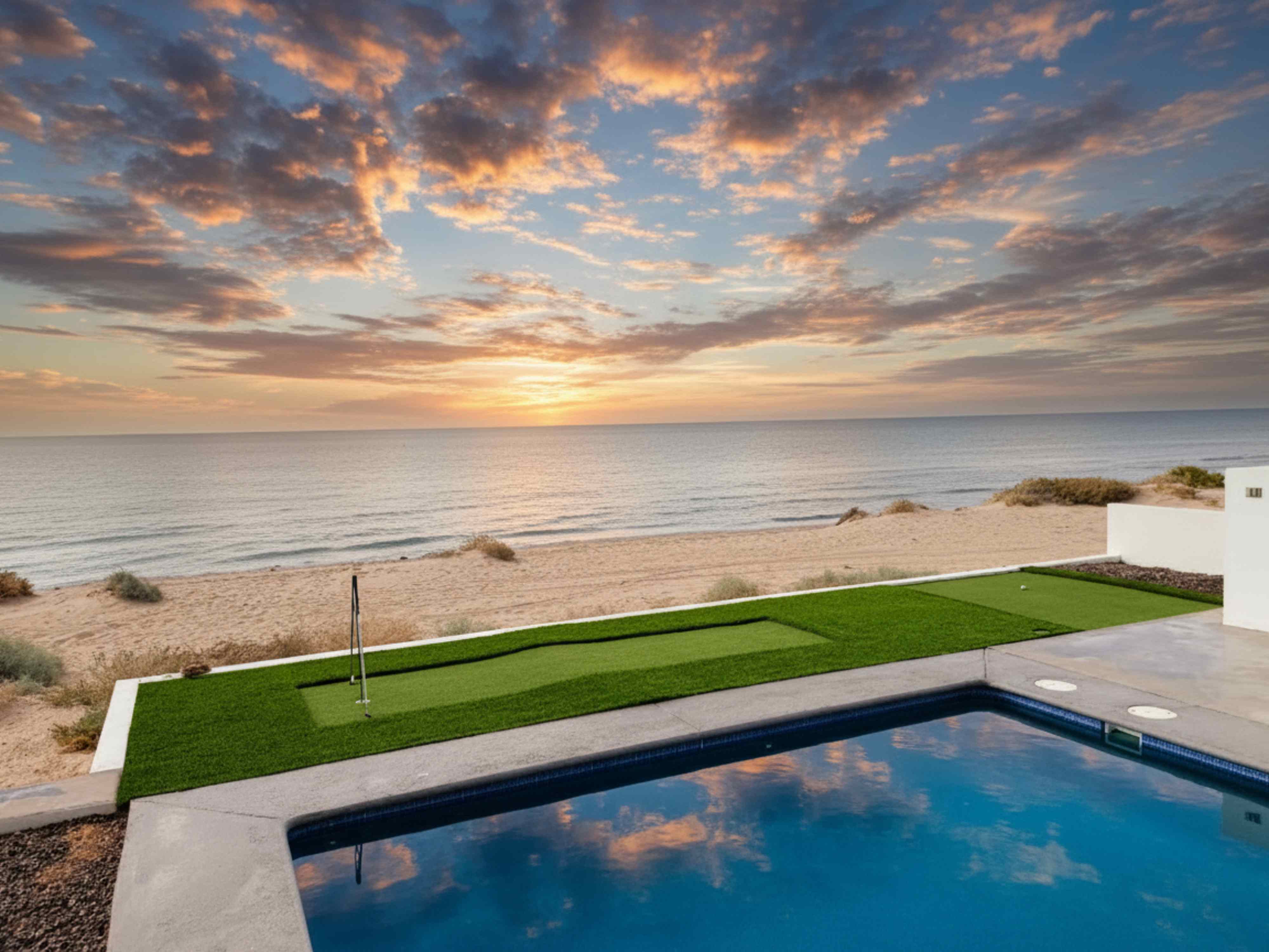 Backyard putting green and pool overlooking the ocean at sunset